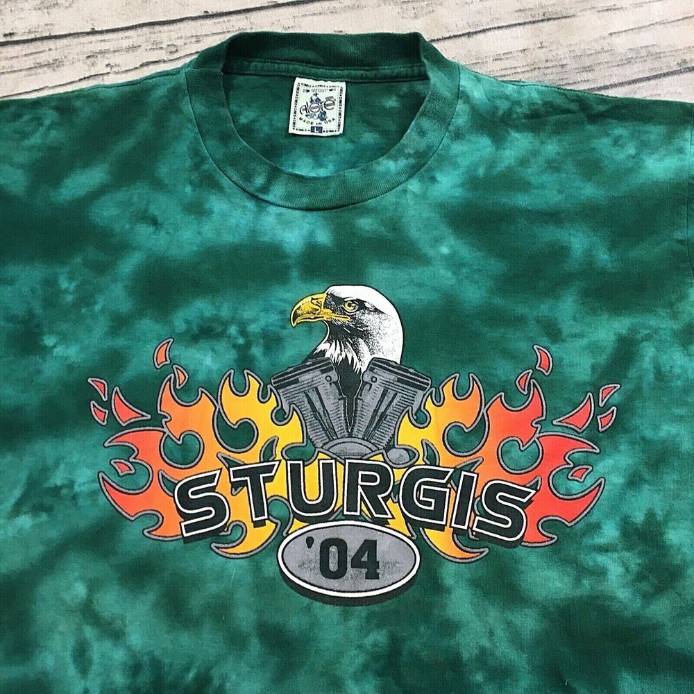 Sturgis 00s Acid Wash Single Stitch T-Shirt L Green Biker Crewneck Eagle Cycle